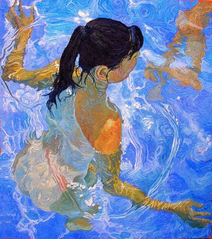 Baigneuse de dos en bleu